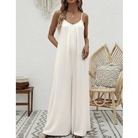 Summer Women's White Wide Leg Jumpsuit Spaghetti Strap V Neck High Waist Loose Vacation Casual Daily Long Style Playsuit
