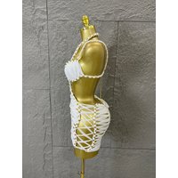 Women Sexy Sparkly White Braided Halter Mini Dress Gold Bead Trim Cutout Sides Ideal Beach Parties Vacations Special Occasions