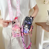 For Samsung Galaxy A12 A11 A71 A51 A52 A22 A02s A32 A13 A53 A03s A04s A20s A33 A73 A23 Milk Tea Kuromi Case With Holder Rope