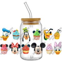 New Lovely Cartoon Mickey with Frinds Cup Cake 16oz UV DTF 3D Transfer Sticker Decals Wraps Glass Can Cups Creative Craft DIY