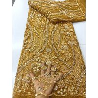 Luxury Gold Beaded Sequins Lace Fabric Tulle Lace African Lace Fabric 5 Yards High Quality Sequence Mesh Lace Fabric For Sewing