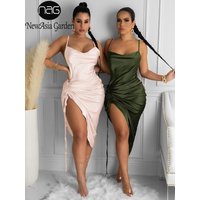 NewAsia Ruched Satin Summer Dress Drawstring Spaghetti Straps Cowl Neck Backless Long Dresses for Women Party Sexy Vestidos 2022