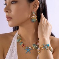 Vintage Ocean Inspired Jewelry Set for Women Enamel Starfish Shell Coral Style Necklace Earring Bracelet OT Clasp Luxury Gift