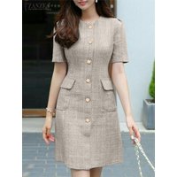 ZANZEA Woman Vintage OL Dress Female Fashion Solid Vestidos Short Sleeve O-Neck Dresses Summer Casual Street Sundress Oversize