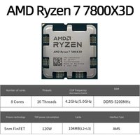 Processeur AMD Ryzen 7 7800X3D, 8 cœurs, 16 threads, jusqu'à 5,0 GHz, 96 Mo de cache L3, socket AM5, processeur de bureau pour jeux, sans refroidisseur.