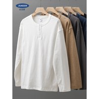 Dukeen 320G Heavyweight 100% Cotton Henley Neck T Shirt for Men Long-Sleeved Spring Autumn Casual Tops Solid Color Undershirts