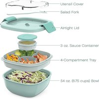 Double Stackable Lunch Box, 50 oz. Large Salad Bowl, 4 Compartment Tray, 3 oz. Sauce Container, Built-In Reusable Fork & Spoon