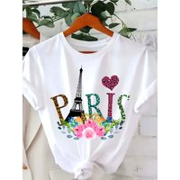Women's "Paris Eiffel Tower" Leopard Print Floral Graphic Print Casual Sleeve Crew Neck Trendy Fashion T-Shirt Aesthetic Clothes