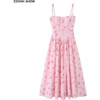 Romantic Pink Floral Print Slash Collar Spliced Lace Hole Line Low Waist Long Sling Dress Women Fold Ruched Swing Dresses Robe