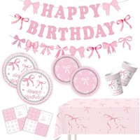 Pink Bow Birthday Party Decoration Set: Sweet Disposable Cups Plates and Cutlery Perfect for Parties and Celebrations