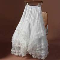 2026 Tulle Maxi Skirt Women High Waist Tiered Ruffle Lace Long Skirt Elegant Sweet Flowy Fairy Skirt Wedding Party Casual Street