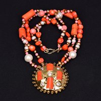 G-G Trendy Cultured White Pearl Pink Coral Necklace Orange Coral Pearl Big Pendant-Jewelry Woman