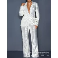Women Two Piece Sets Sequin Blazer V Neck Full Sleeve Coats Temperament Slim Fit Casual High Waist Wide Leg Long Pants Suits