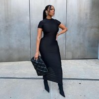 Oshfall 2024 New Solid Color Round Neck Pullover Short Sleeve Slim Fit Wrap Hip Long Women's Dress