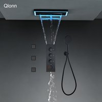 Qlonn Bathroom Smart Shower Set LED Lighting Embedded Ceiling 400*200mm Shower Head 3 Functions Thermostat Diverter SPA Side Jet