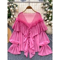 Summer 2025 Loose Chiffon Blouse with Bell Sleeves And Lace Trim Commuting Style Korean Version Long Sleeve Shirt for Women