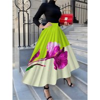 Floral Print Midi Skirt for Women Spring Summer Casual A Line Skirt High Waist Elastic Waist Skirt Lightweight Flowy Skirt