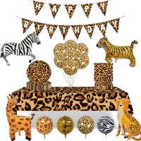 Jungle Cheetah Disposable Tableware Napkins Tablecloths Plates Leopard Print Balloons Children's Hunting Birthday Party Supplies