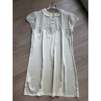 2026 Summer Women 100% Silk Mini Dress Lace Pleated Stitching Peter Pan Collar Short Sleeve Fashion Casual Short Robe