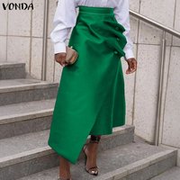 VONDA Plus Size 5XL Elegant Women Satin Skirts High Waist Button Pleated Asymmetrical Maxi Jupes Fashion Solid Long Faldas Saia