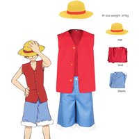 LUFEI cosplay costume set, pirate style red vest+blue shorts+straw hat, anime enthusiast cosplay event full outfit