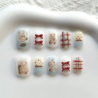 10Pcs Korean Style Cute Bear and 3D Bowknot Half Handmade Press on Nails INS Trend Lovely Blue Plaid Nail Patch Fake Nails