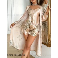 Large Size Female 3PCS Robe Pajamas Set Sexy Print Flower Kimono Batrobe Gown Spring Summer Sleepwear Homewear Satin Loungewear
