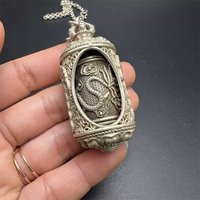 Tibetan Ethnic Style Tibetan Silver Hollow Dragon Pillar Silver Lock Pendant Tibetan Silver Lock Sweater Chain