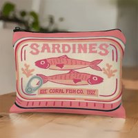 1pc Whimsical Sardines pink Print Zipper Pouch, Retro Sardines Cosmetic Pouch, Unisex Adult Mini Makeup Bag, Pencil Case