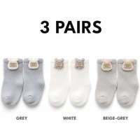 3 Pairs Cartoon Bear Patch Baby Crew Socks Soft Elastic Seamless Toe Newborn Infant Toddler Socks For Baby Boys Girls Daily Wear