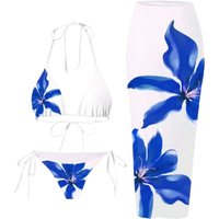 Elegant Blue Porcelain Bikini Set 3 Piece Swimwear Sexy Floral Design