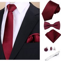Luxury Fashion Men's Solid Necktie Bowtie Set with Pocket Square Cufflinks Tie Clip Wine Blue Elegant Striped Accessories Gravat
