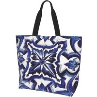 Blue Ornate Floral Mediterranean Sicilian Tile Shopping Tote Bag Canvas Shoulder Bags Shopper Grocery Handbag for Women