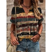 Plus Size Women's V-Neck Fold Sleeve T-Shirt - Ethnic Floral Print Loose Fit Blouse, Fashionable & Elegant Summer Casual Top