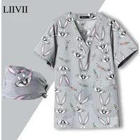 Print Dogs/Cats/Rabbit Scrub Tops Women Men Medical Scrub Shirts Pet Shop Vet Workwear Doctor Nurse Uniform Dentist Overalls Cap