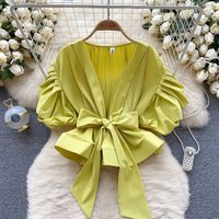 2026 Summer Women V Neck Shirt Fashion Solid Color New Short Sleeve Blouse Female Elegant Lady Versatile Clothing