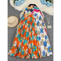 2026 New 3D Floral Pleated Large Hem Women's Skirts Spring Summer Holiday Style High Waist Elegant Long Skirt