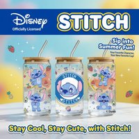 1pc 16oz Disney Stitch Borosilicate Glass Tumbler with Bamboo Lid & Straw Cute Summer Cup for Iced Coffee Juice Perfect Gift