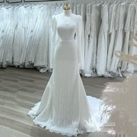 Woman Lace Wedding Dress for Bride Customized V Neck Long Sleeves Pearl Buttons Sweep Train Mermaid Bridal Gown Robe Mariee