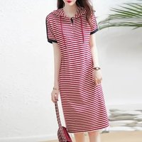 Summer New Women's Loose Stripe Hat Dress Casual Style Short Sleeve Mid-Length T-Shirt Dress Chinese Production