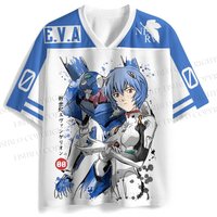 Men's New Rei Ayanami & Evangelion Unit-00 Jersey E.V.A & NERV Logo Print V-Neck Short Sleeve Anime Mecha Fan Casual Streetwear