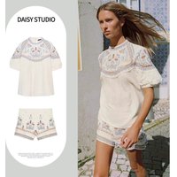 High Waist Casual Zipper Shorts Women's Fashion Set round Neck Short Sleeve Embroidered Shirt And Short Shorts Breathable Spr...