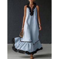 UOOZEE Women's Contrast Color Pleated Ruffle Trim V-Neck Maxi Dresses 2026 New Sleeveless Loose Boho Vacation A-Line Dress