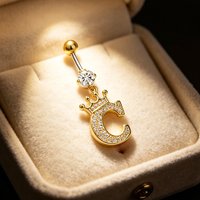 Crown C Letter Dangle Belly Rings Golden CZ Charms Navel Curve for Men Women 14G Titanium Barbell Body Jewelry Ombligo Piercing