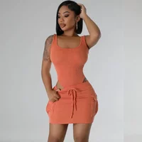 Knitted Ribbed 2 Piece Summer Sets Outfits Women Clothing Sporty Tank Bodysuit Top and Mini Skirt with Pockets Matching Sets
