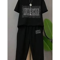 plus Size Women's Casual Short Sleeve Two-Piece Set Slimming Harlan Pants Glittering Fashionable Summer Outfit Cover up