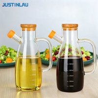 JUSTINLAU Kitchen Glass Oil Pot Vinegar Soy Sauce Seasoning Bottle with Scale Line&Wooden Lid Home Leak-proof Oil Storage Bottle