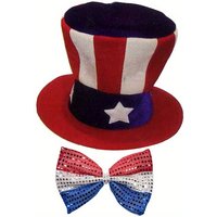 Holiday clothing accessories include Uncle Sam hat and bow tie top hat Flag clothing Patriotic accessories party party wear
