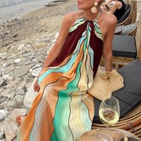 Sleeveless Elegant Print Long Party Dresses Summer Sexy Hanging Neck Bohemian Dress Women Casual Hight Waist Loose Holiday Dress