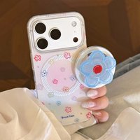 Korean Glitter Colorful Flowers With Blue Flowers Magnetic Bracket Phone Case For iPhone 17 16 15 14 13 Pro Max Shockproof Cover